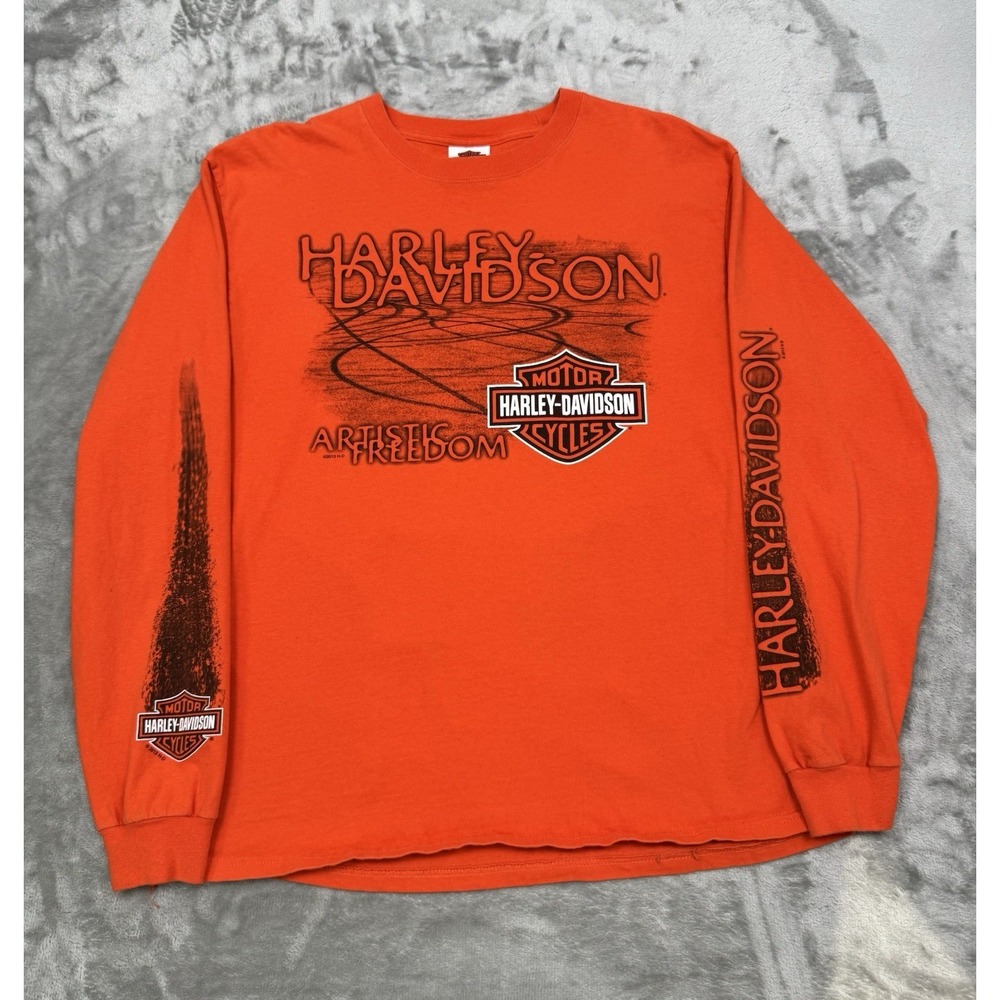 Harley Davidson Shirt Womens Large Orange Long Sleeve Graphic Spellout Biker